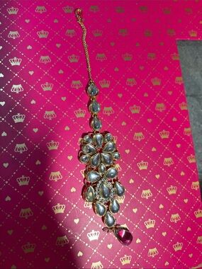 Gold-Tone White Stone Floral Drop Maang Tikka with Pink Teardrop